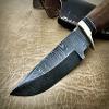Damascus steel fixed blade knife with Leather sheath, round wood scale with brass finger guard and cap, 8 inches long skinning knife (Brown) view 2