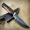 Damascus steel fixed blade knife with Leather sheath, round wood scale with brass finger guard and cap, 8 inches long skinning knife (Brown) view 4