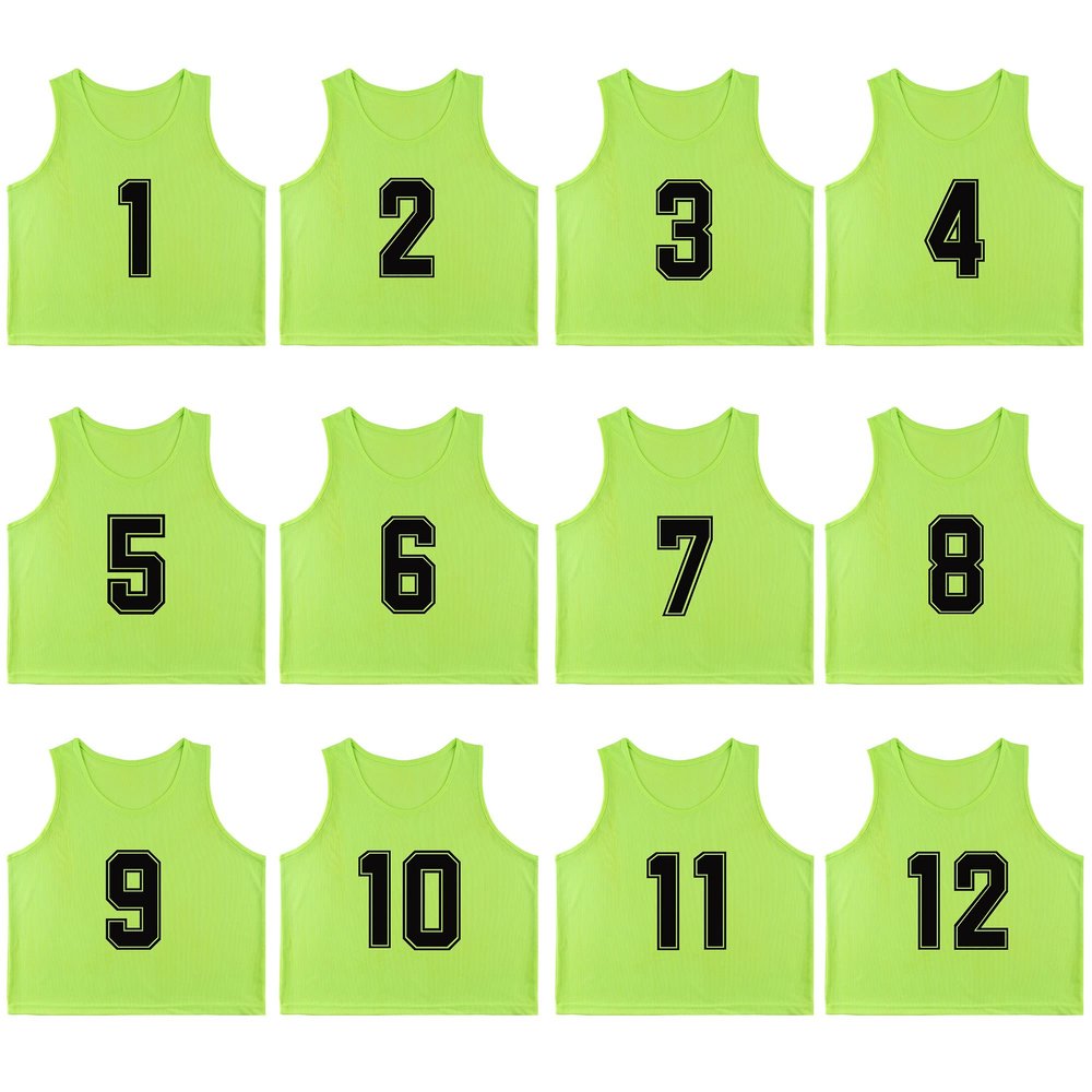 RE-HUO 12 Pack Numbered1-12 Scrimmage Vests/Sport Pinnies/Training Bibs For Basketball,Soccer, Volleyball and Baseball(neon green1-12,L)