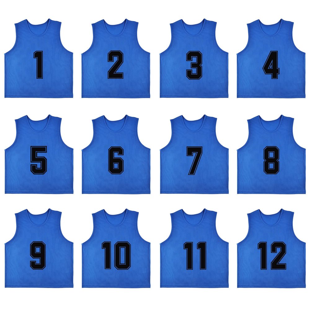 RE-HUO 12 Pack Numbered1-12 Scrimmage Vests/Sport Pinnies/Training Bibs For Basketball,Soccer, Volleyball and Baseball(dark blue1-12,L)