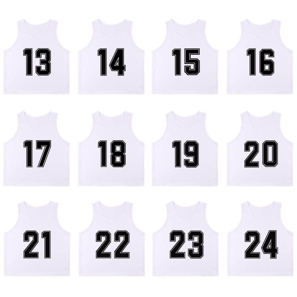 RE-HUO Set of 12 Numbered (13-24) Soccer Vests/Sport Pinnies/Training Bibs with Free Carry Bag(White13-24,XL)