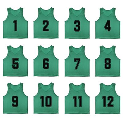 RE-HUO 12 Pack Numbered1-12 Scrimmage Vests/Sport Pinnies/Training Bibs For Basketball,Soccer, Volleyball and Baseball(green1-12,L)