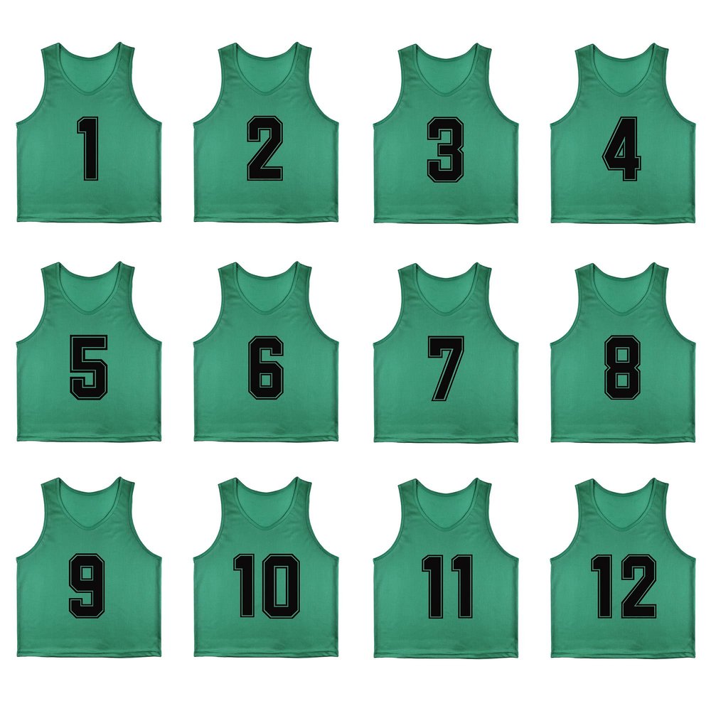 RE-HUO 12 Pack Numbered1-12 Scrimmage Vests/Sport Pinnies/Training Bibs For Basketball,Soccer, Volleyball and Baseball(green1-12,L)