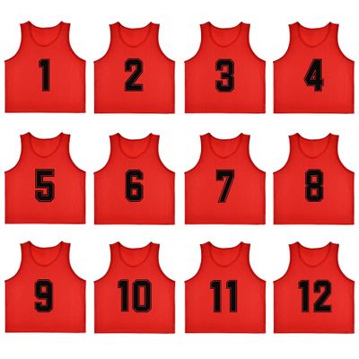 RE-HUO 12 Pack Numbered1-12 Scrimmage Vests/Sport Pinnies/Training Bibs For Basketball,Soccer, Volleyball and Baseball(red1-12,XL)