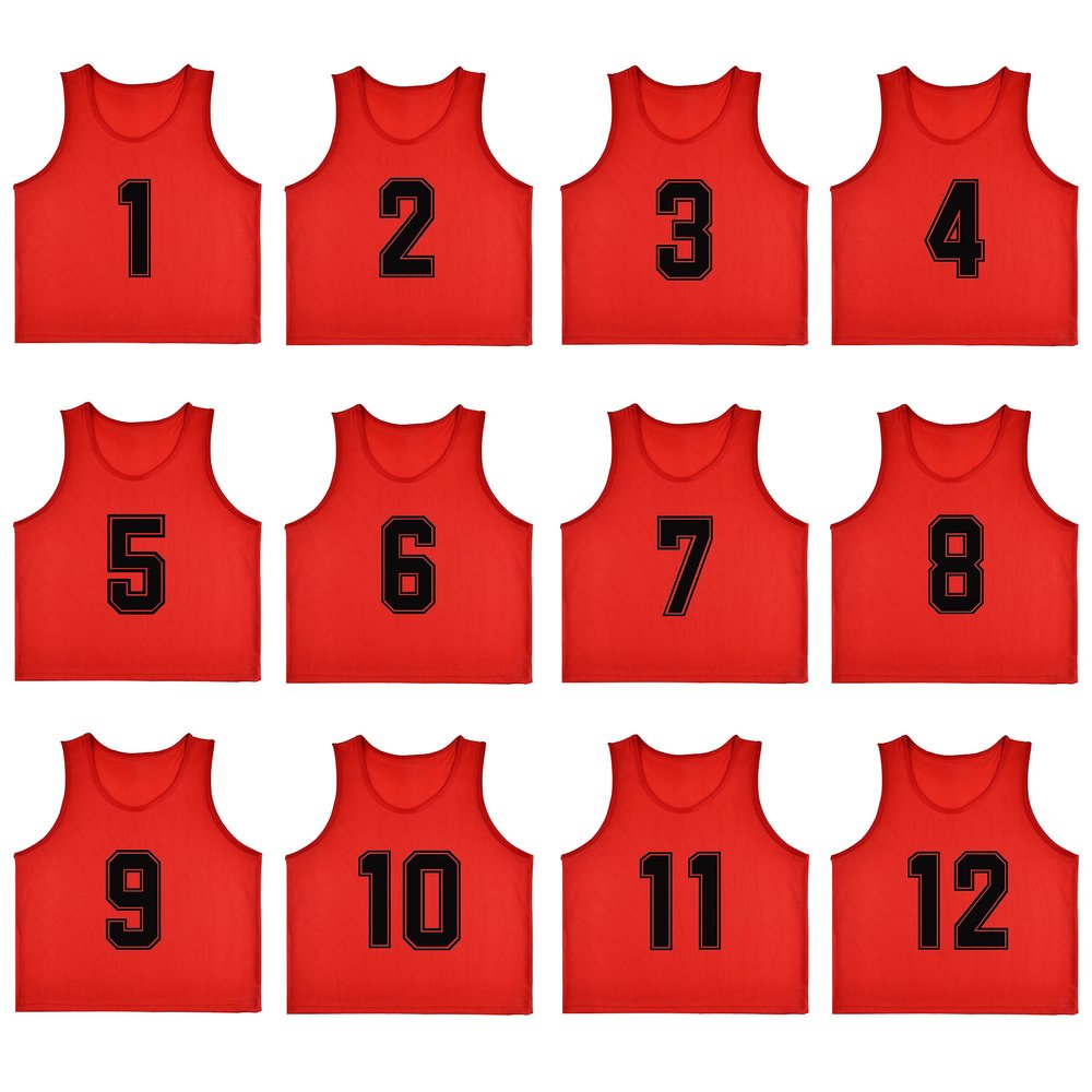 RE-HUO 12 Pack Numbered1-12 Scrimmage Vests/Sport Pinnies/Training Bibs For Basketball,Soccer, Volleyball and Baseball(red1-12,XL)