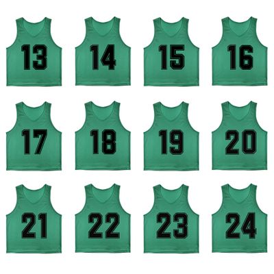 RE-HUO Set of 12 Numbered (13-24) Soccer Vests/Sport Pinnies/Training Bibs with Free Carry Bag(Green13-24,L)