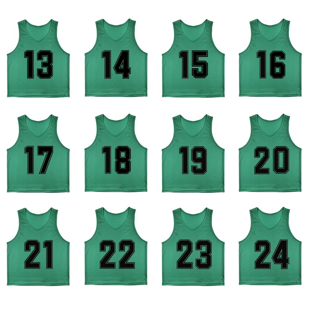 RE-HUO Set of 12 Numbered (13-24) Soccer Vests/Sport Pinnies/Training Bibs with Free Carry Bag(Green13-24,L)