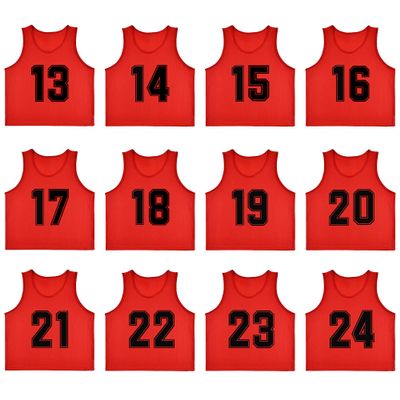 RE-HUO Set of 12 Numbered (13-24) Soccer Vests/Sport Pinnies/Training Bibs with Free Carry Bag(Red13-24,L)