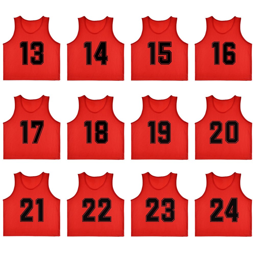 RE-HUO Set of 12 Numbered (13-24) Soccer Vests/Sport Pinnies/Training Bibs with Free Carry Bag(Red13-24,XL)