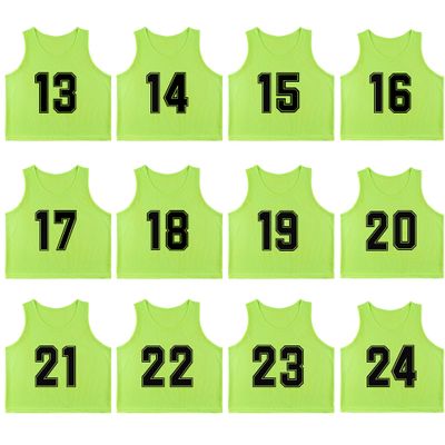 RE-HUO Set of 12 Numbered (13-24) Soccer Vests/Sport Pinnies/Training Bibs with Free Carry Bag(Neon green13-24,L)