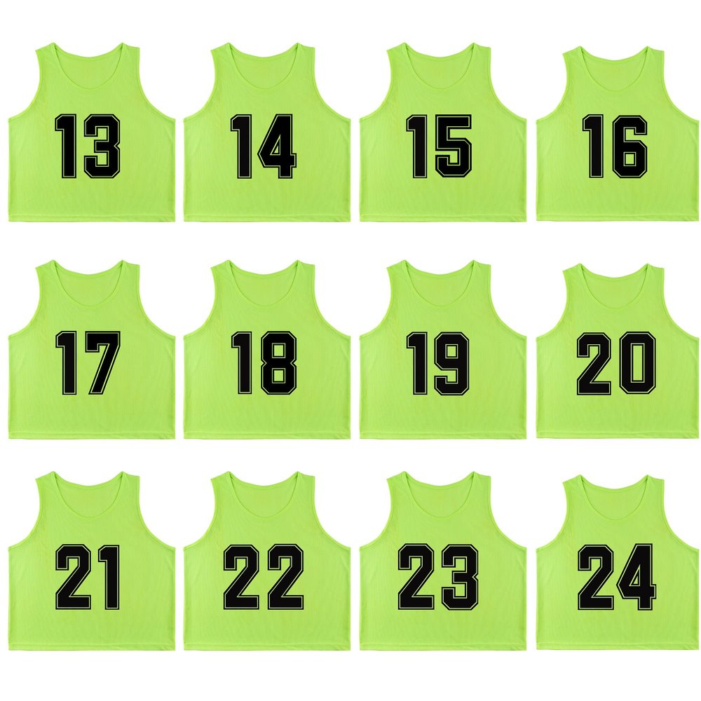 RE-HUO Set of 12 Numbered (13-24) Soccer Vests/Sport Pinnies/Training Bibs with Free Carry Bag(Neon green13-24,L)