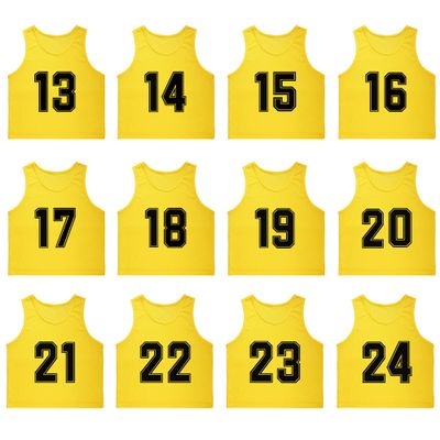 RE-HUO Set of 12 Numbered (13-24) Soccer Vests/Sport Pinnies/Training Bibs with Free Carry Bag(Yellow13-24,L)