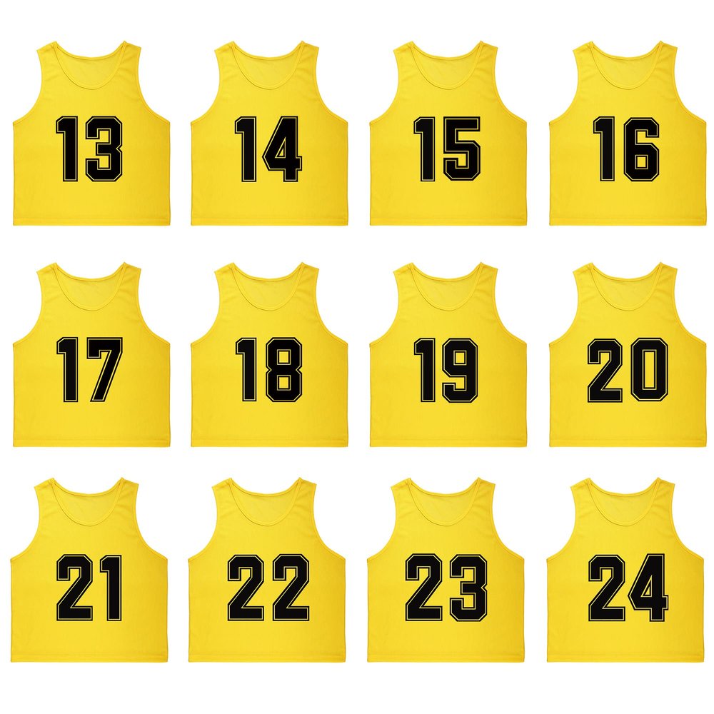 RE-HUO Set of 12 Numbered (13-24) Soccer Vests/Sport Pinnies/Training Bibs with Free Carry Bag(Yellow13-24,L)