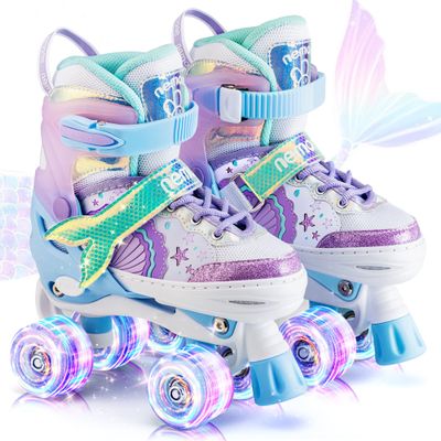 NEMONE Mermaid 4 Size Adjustable Light up Roller Skates for Girls, Blue Purple Skates for Toddlers, Beginner Kids Roller Skates Indoor Outdoor (Blue S)