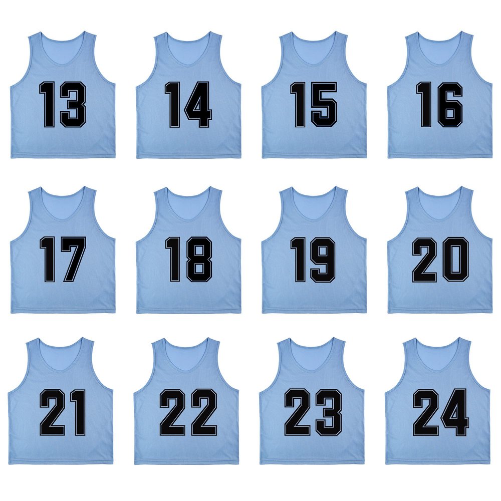 RE-HUO Set of 12 Numbered (13-24) Soccer Vests/Sport Pinnies/Training Bibs with Free Carry Bag(Sky blue13-24,L)