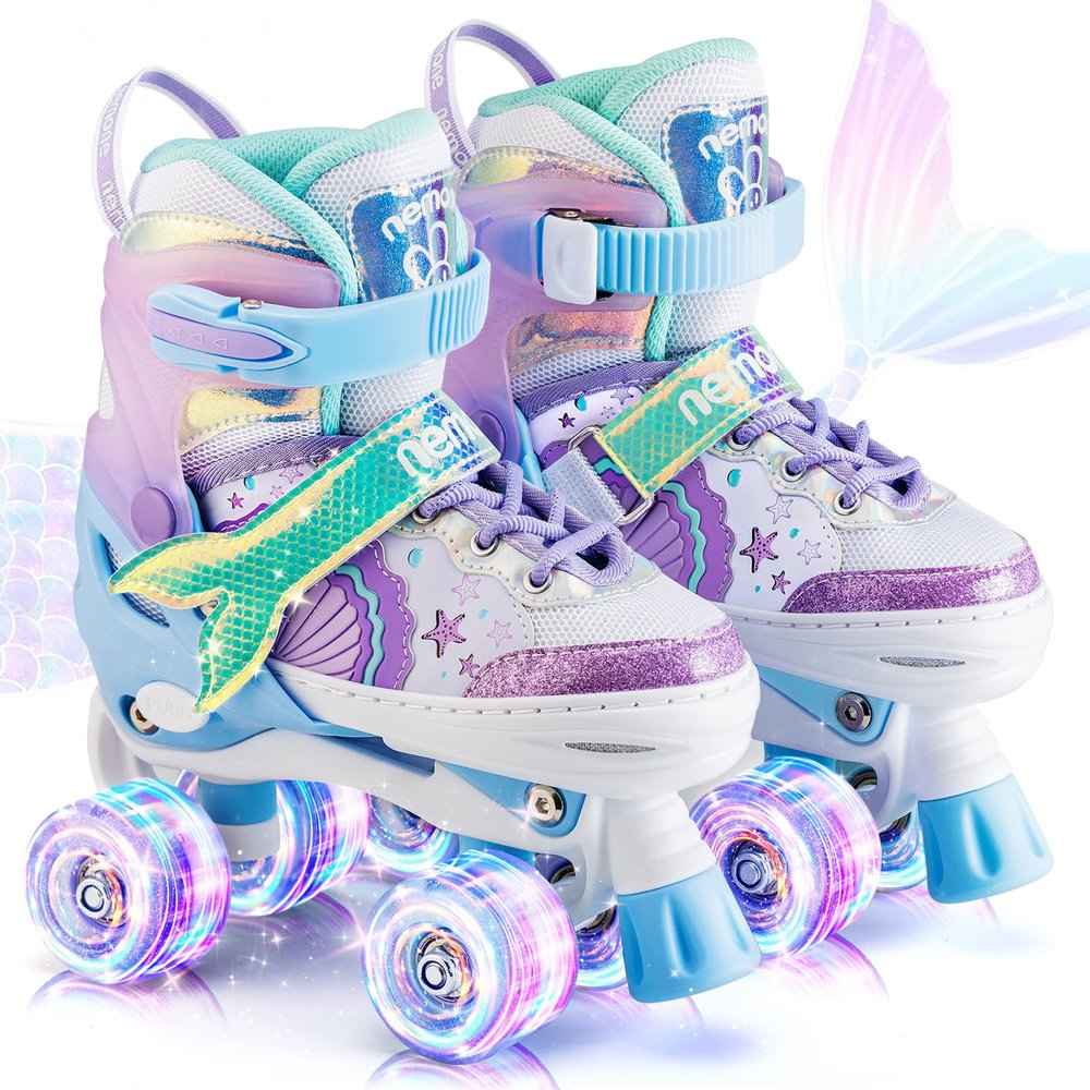 NEMONE Mermaid 4 Size Adjustable Light up Roller Skates for Girls, Blue Purple Skates for Toddlers, Beginner Kids Roller Skates Indoor Outdoor (Blue L)