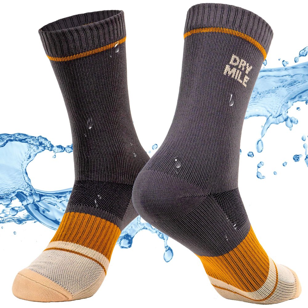 DRYMILE Slim Waterproof Socks, Soft Charcoal Yarn, Optimized Breathability and Odor Control, All-Season Outdoor Activities - Crew (L, Charcoal and Khaki)
