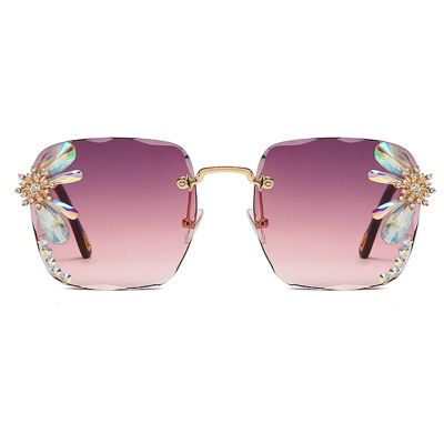 Vintage Rimless Square Rhinestone Sunglasses Women Retro Cutting Lens Luxury Bling Diamond Sun Glasses Female Party Eyewear (purple&pink)