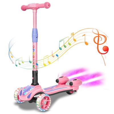 3 Wheel Scooter for Kids, Toddler Scooter with Bluetooth Music Speaker Steam Sprayer LED Lights Aluminum Alloy T-Bar, Ideal Gift for Boys Girls Ages 3-10 (Pink)