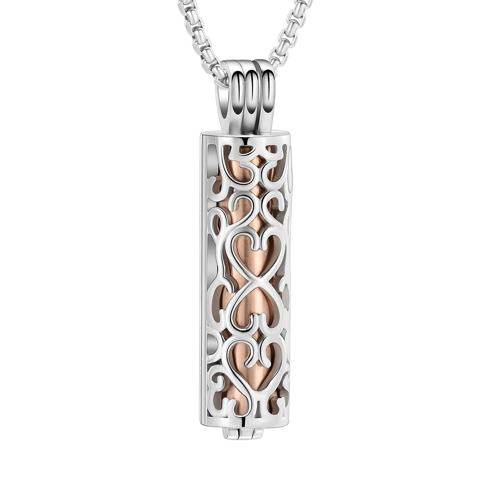 Oinsi Cremation Necklace for Ashes - Stainless Steel Cylinder Heart Pet Human Ashes Holder Keepsake Memorial Lockets Hollow Pendant Jewelry Women (Silver With Rose Gold)