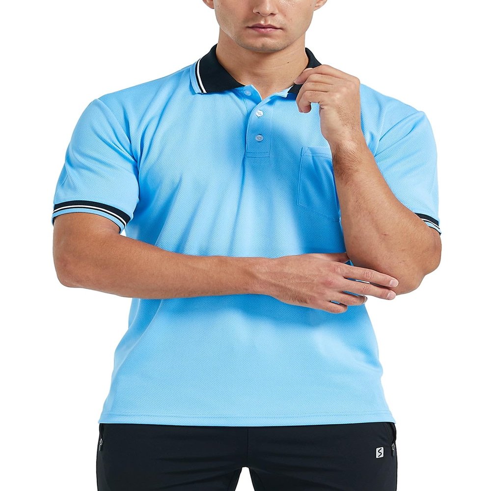 FitsT4 Sports Short Sleeve Polo Shirt Baseball/Softball Umpire Jersey/Referee Uniform - Sized for Chest Protector Light Blue L