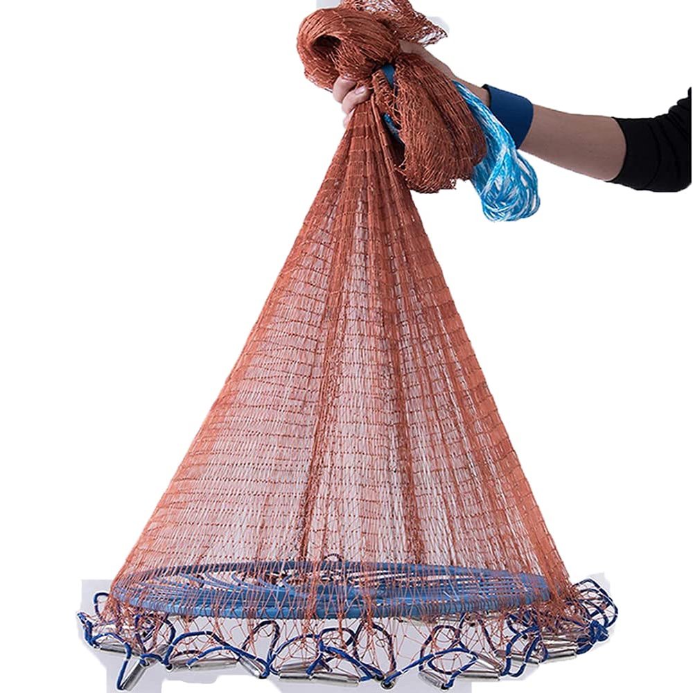Fishing Cast Net Tire Line Cast Nets with Flying Disc Ez Throw Cast Net Heavy Duty Iron Sinkers Casting Net for Fishing 3/5 Inch Mesh - 12FT