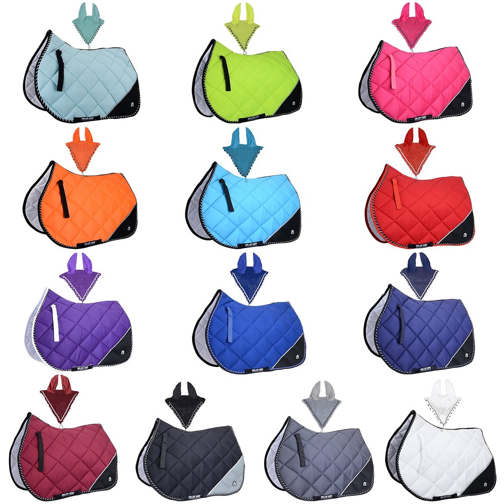 GLP Quilted English Saddle Pad, Matching Ear Bonnet Set Breathable Riding Numnah Shock Absorbing Padding for Jumping, Schooling (Midnight Navy, Pony/Cob/Medium/Uptop 17")