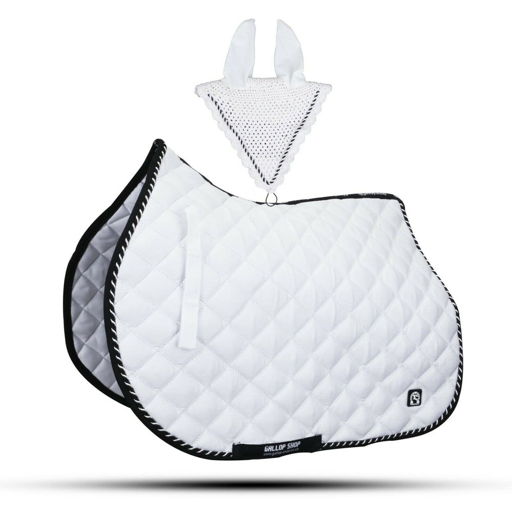 Numnah Saddle Pads with Matchy Fly Veil Bonnet Set (Ship from USA) (Full, White)