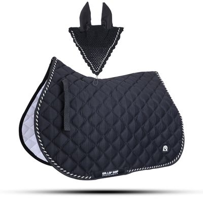 Numnah Saddle Pads with Matchy Fly Veil Bonnet Set (Ship from USA) (Full, Black)