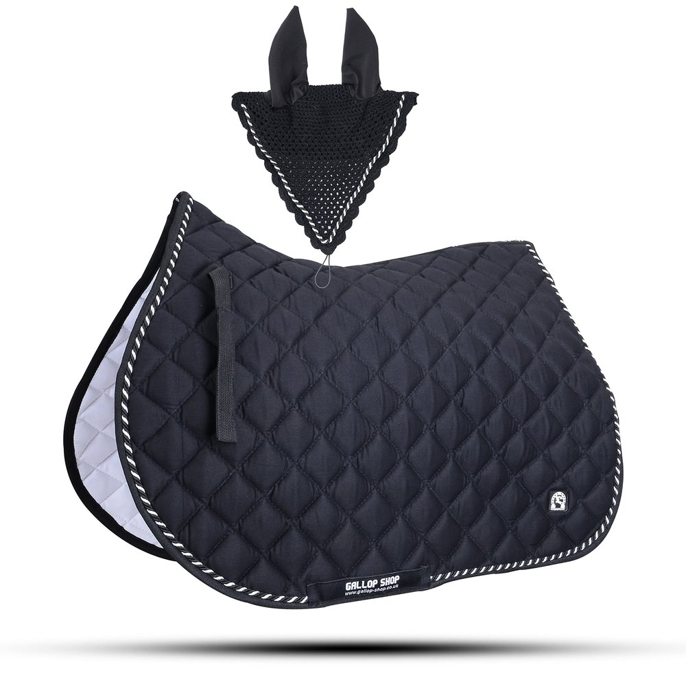 Numnah Saddle Pads with Matchy Fly Veil Bonnet Set (Ship from USA) (Full, Black)