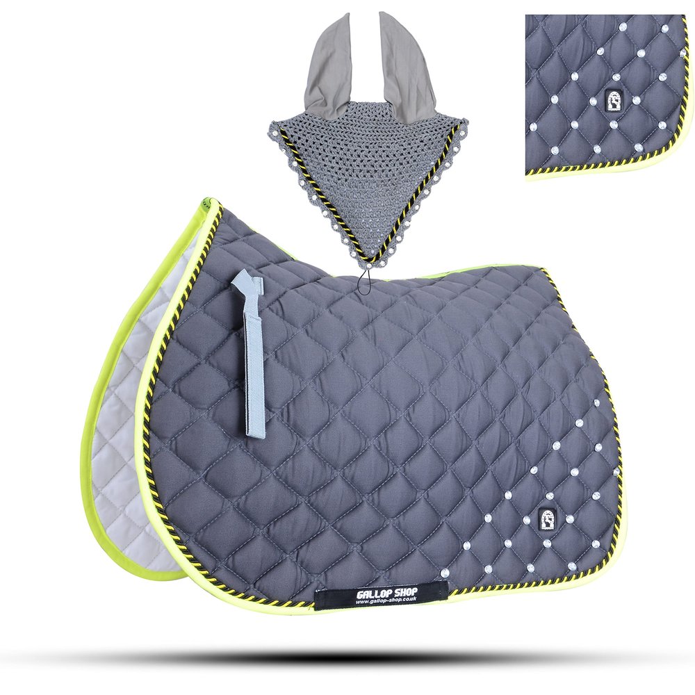 GLP Numnah Saddle Pads with Matchy Bonnet Set with Jewel (Ship from USA) (Pony, Grey)