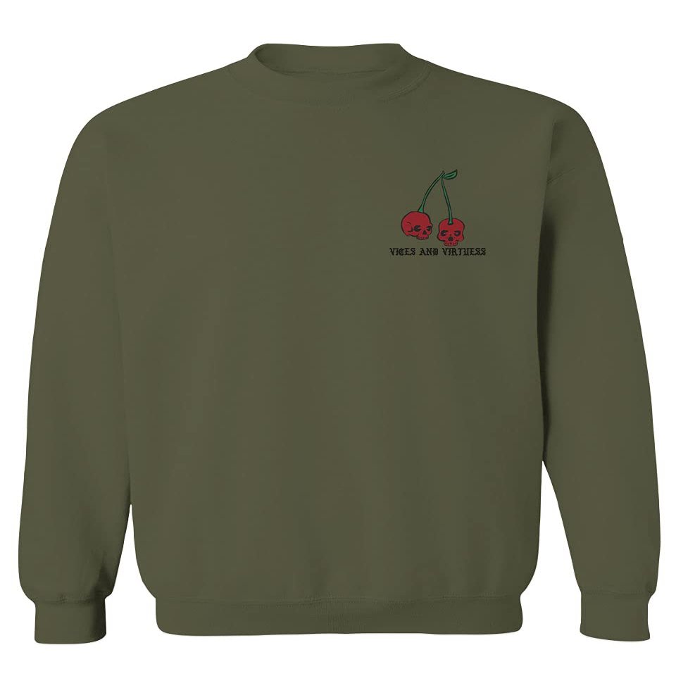 0397. Front and Back Cool Graphic Tattoo Bones Death Vibe Cherry Skull You Live Twice Men's Crewneck Sweatshirt (Olive Large)