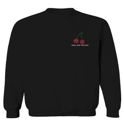 0397. Front and Back Cool Graphic Tattoo Bones Death Vibe Cherry Skull You Live Twice Men's Crewneck Sweatshirt (Black Large)