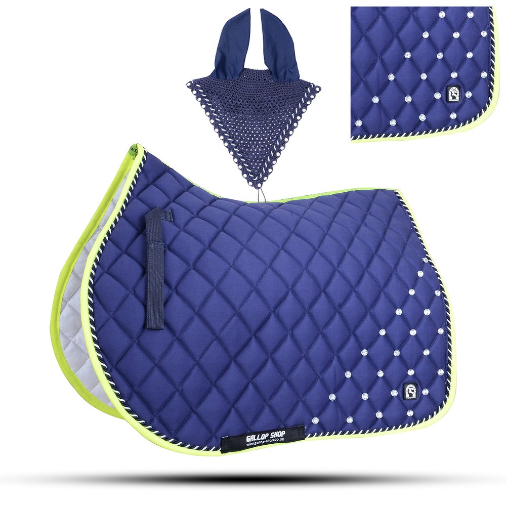 GLP Numnah Saddle Pads with Matchy Bonnet Set with Jewel (Ship from USA) (Pony, Navy)