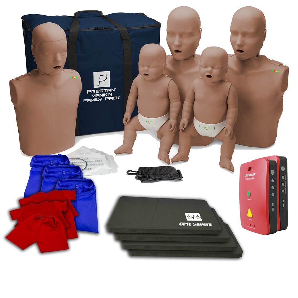 CPR Savers Training Pack, with The Dark Skin PRESTAN Family Pack, 2 Lifesaver AED Trainers, Adult and Infant Manikin Outfits and Knee Pads