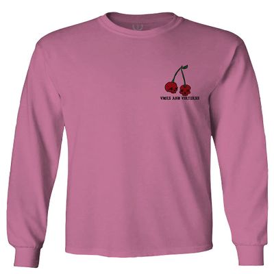 0397. Front and Back Cool Graphic Tattoo Bones Death Vibe Cherry Skull You Live Twice Men's Long Sleeve t Shirt (Pink X-Large)