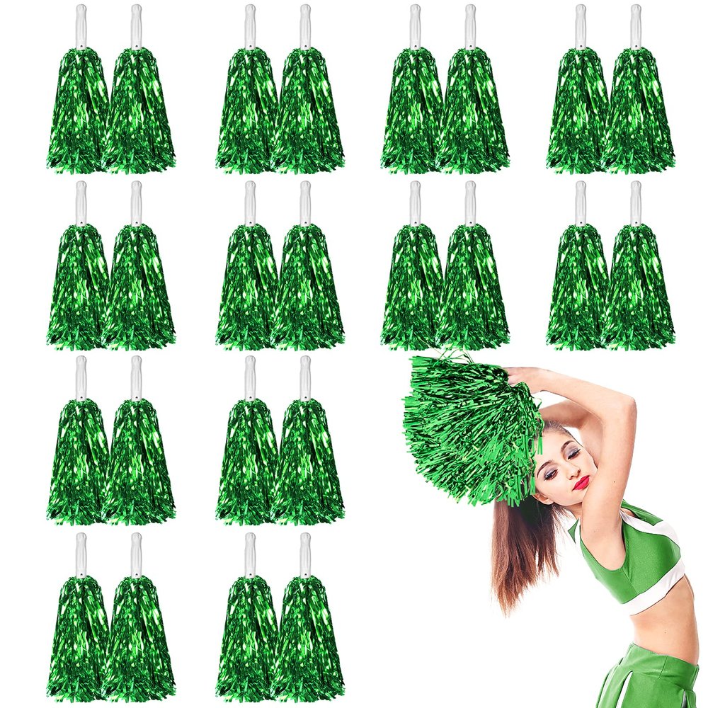 DILIBRA 24 Pcs Metallic Cheerleading Pom Poms, Cheerleaders Cheer Pom Poms with Baton Handle, Cheering Squad Hand Flower for Adults Team Spirit Sports Game Dancing Party (Green)
