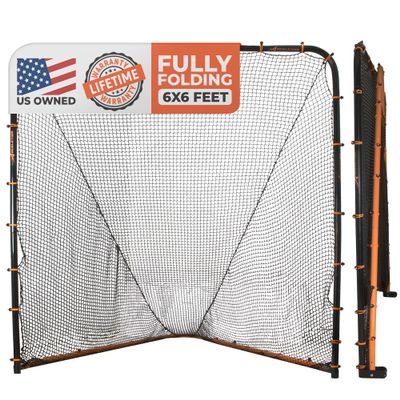 Lacrosse Goal Net (6'W x 6'H x 7'D) Folding Lacrosse Net for Backyard | Powder Coated Steel Frame, UV Treated Netting, Use with Rebounder & Backstop Goal Nets [Includes Carrying Bag & U Stakes]