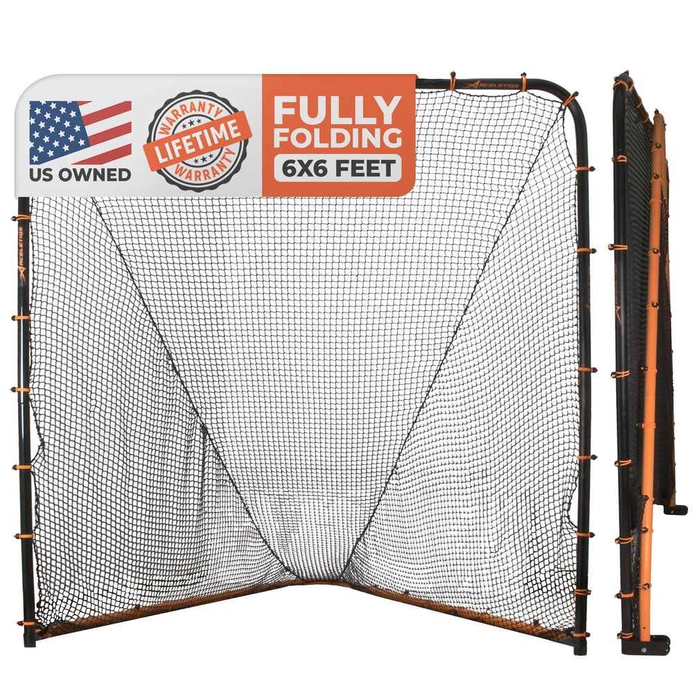 Lacrosse Goal Net (6'W x 6'H x 7'D) Folding Lacrosse Net for Backyard | Powder Coated Steel Frame, UV Treated Netting, Use with Rebounder & Backstop Goal Nets [Includes Carrying Bag & U Stakes]