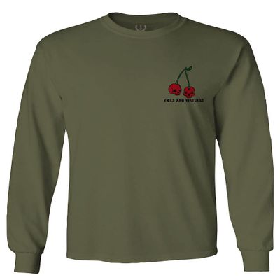 0397. Front and Back Cool Graphic Tattoo Bones Death Vibe Cherry Skull You Live Twice Men's Long Sleeve t Shirt (Olive, Small)