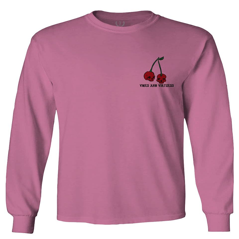 0397. Front and Back Cool Graphic Tattoo Bones Death Vibe Cherry Skull You Live Twice Men's Long Sleeve t Shirt (Pink Small)