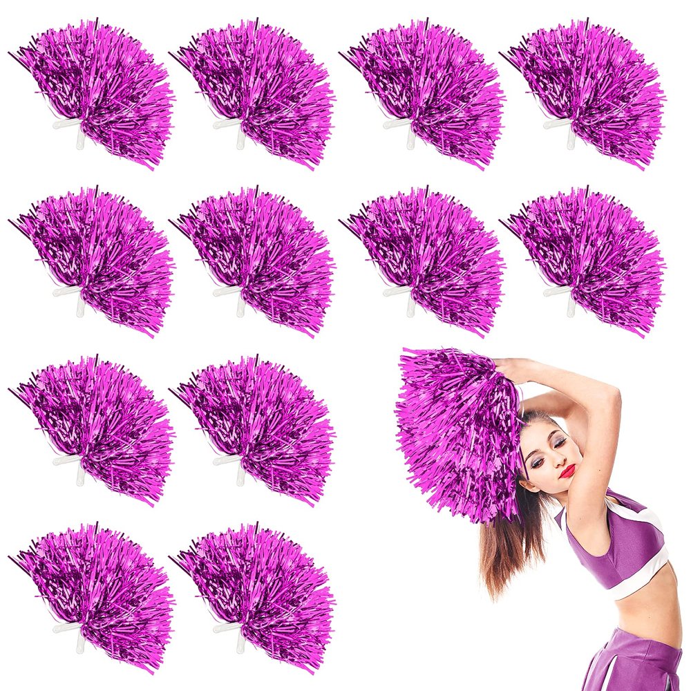 DILIBRA 24 Pcs Metallic Cheerleading Pom Poms, Cheerleaders Cheer Pom Poms with Baton Handle, Cheering Squad Hand Flower for Adults Kids Team Spirit Sports Game Dancing Party
