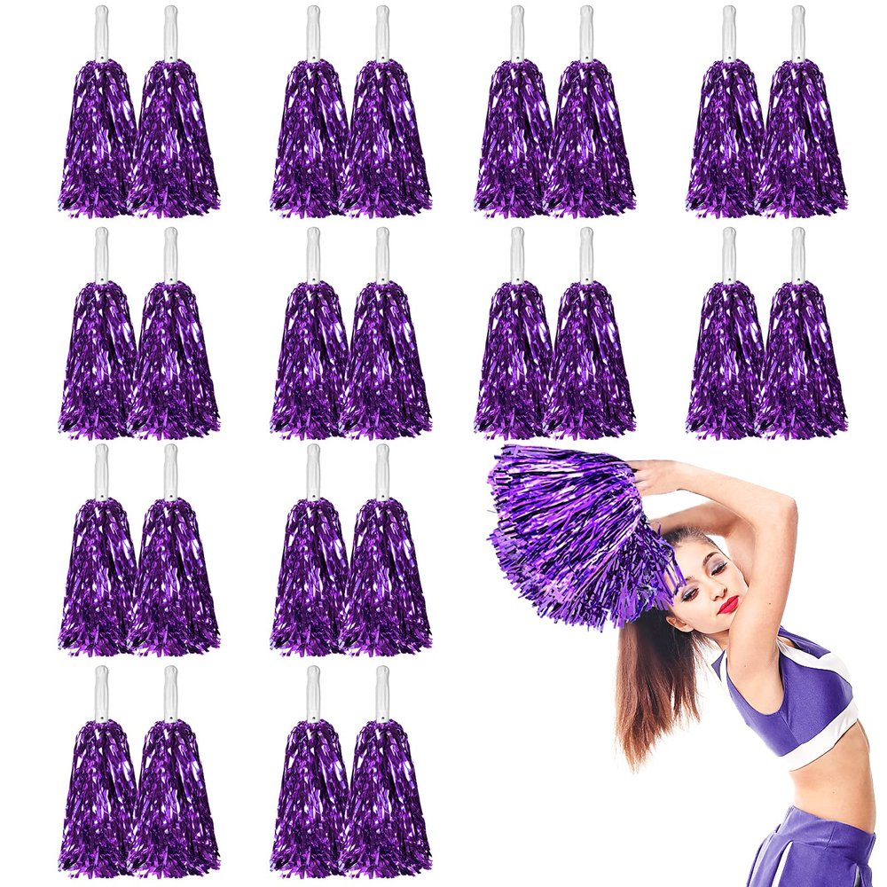 DILIBRA 24 Pcs Metallic Cheerleading Pom Poms, Cheerleaders Cheer Pom Poms with Baton Handle, Cheering Squad Hand Flower for Adults Kids Team Spirit Sports Game Dancing Party