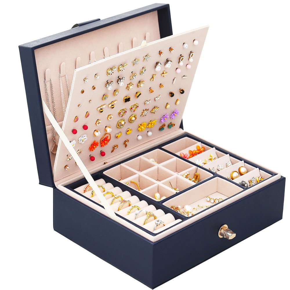 QBestry Womens Earring Jewelry Box for Girls Jewelry Earrings Organizer Box Earring Holder Organizer for Girls Jewelry Organizer Boxes for Women Girls Stud Earrings Organizers Jewelry Box Navy