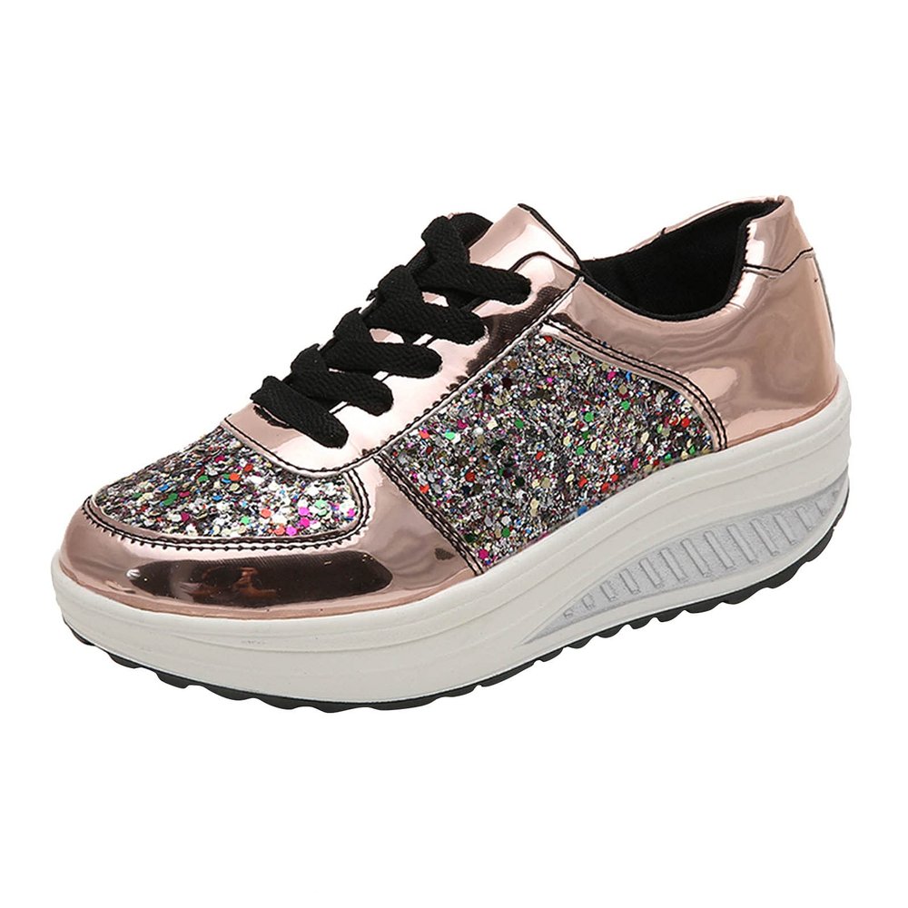 oiangi Sequined Sneakers for Women Fashion Casual Running Walking Gym Sport Shoes Comfortable Lace-up Platform Tennis Shoes Gold