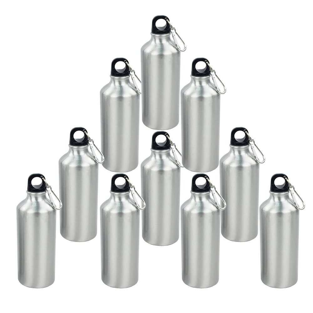 TECHTONGDA Water Bottles 600ml Sublimation Silver Aluminum Sports Bottle Heat Press Water Bottle 10pcs with Twist Cap and Carabiner