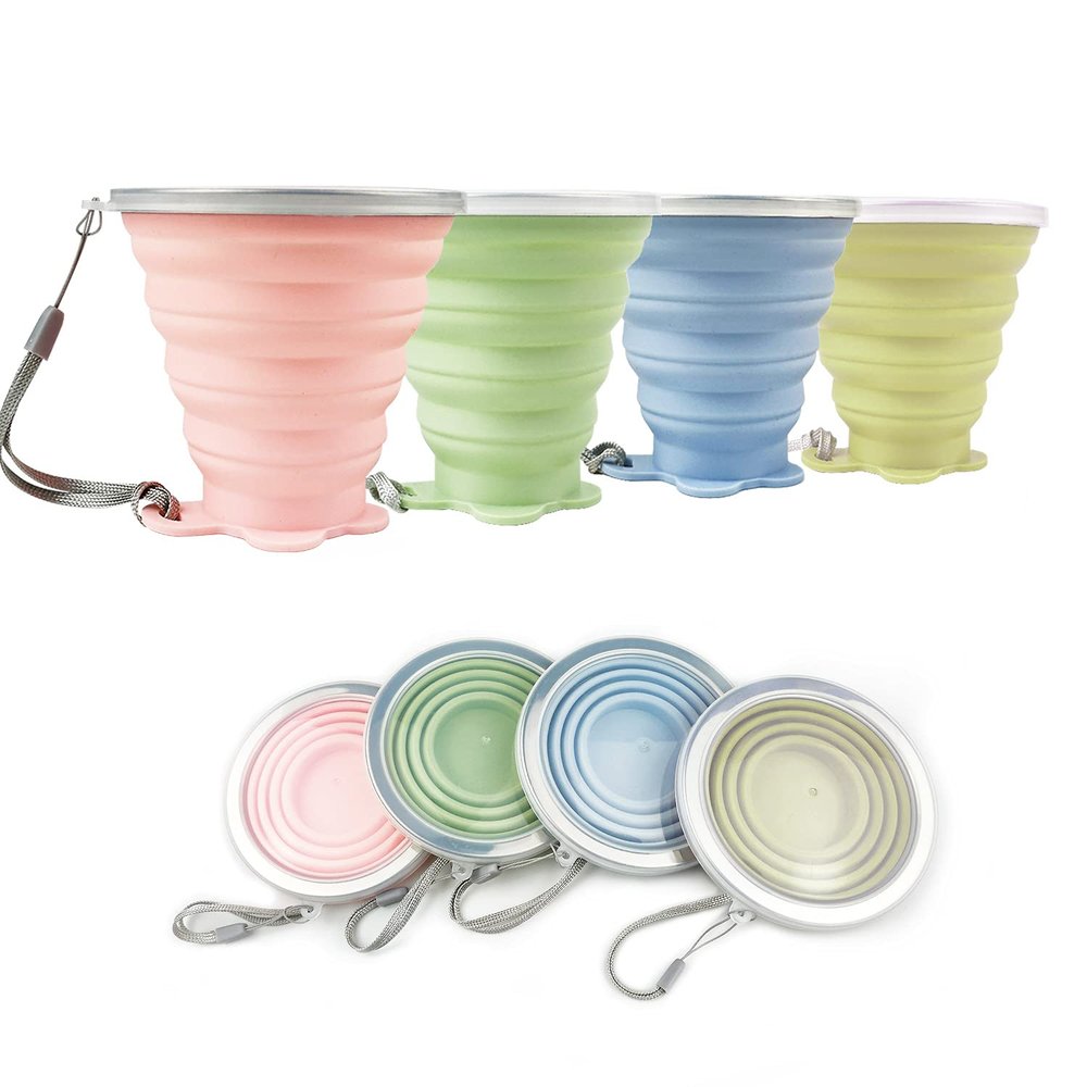 JBER Silicone Collapsible Travel Cup, 4 Pack Silicone Folding Camping Cup with Lids Expandable Drinking Cup for Outdoor Hiking Travel (Olive & Pink & Green & Blue)
