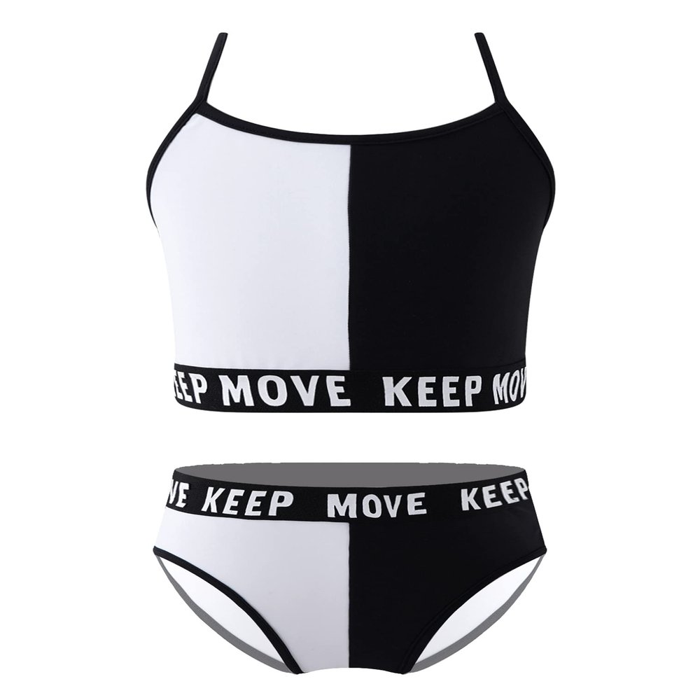 renvena Girls 2 Piece Bikini Sets Spaghetti Straps Camisole Crop Top with Briefs Surfing Swimwear Black&White 6