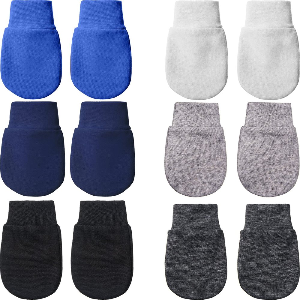 6 Pairs Newborn Baby Mittens No Scratch Gloves Infant Toddler Anti Scratch Essentials Unisex Cotton for 3-9 Months Girls Boys (White, Royal Blue, Gray-Black, Gray, Navy Blue, Black, Solid)