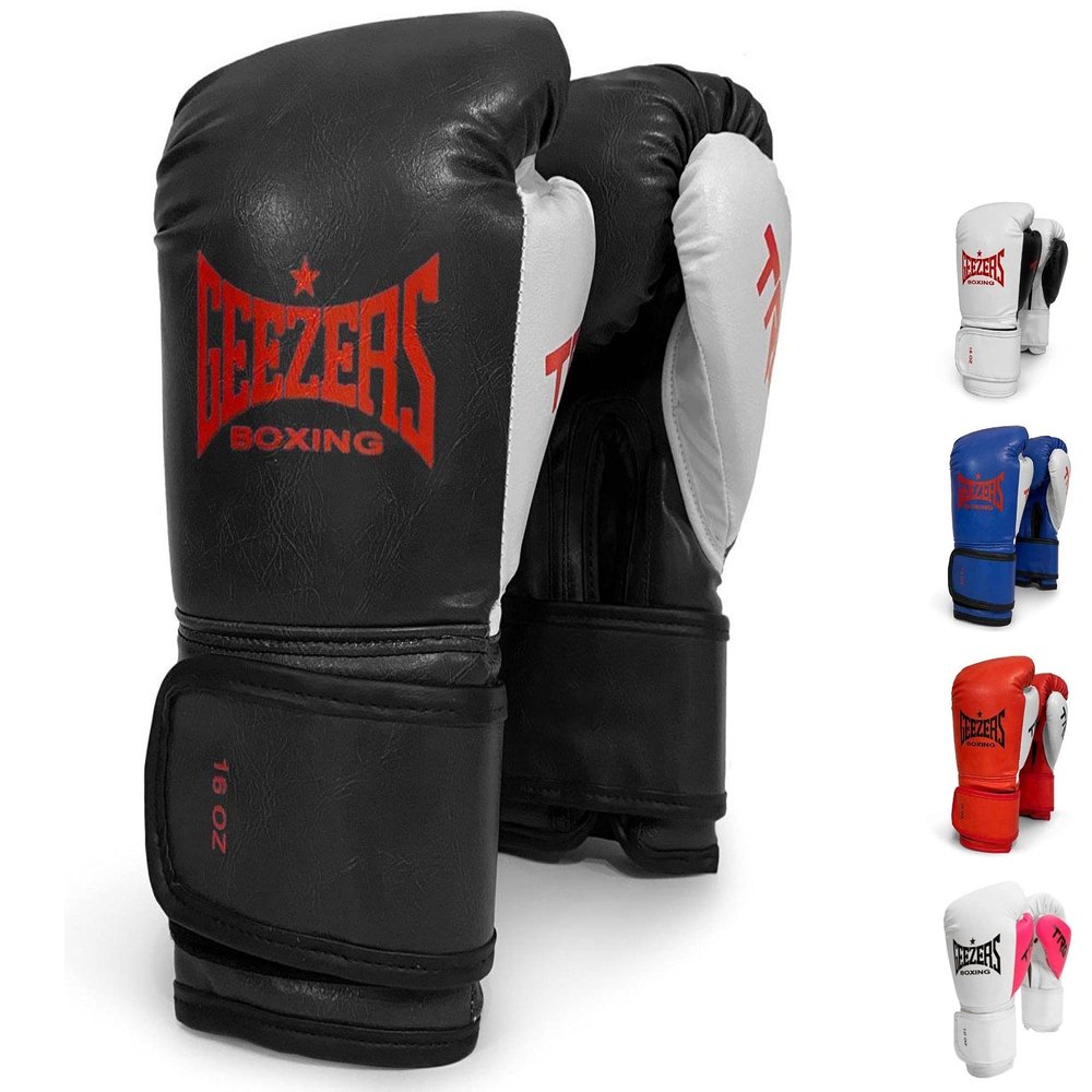 Geezers Boxing TRG Training Glove, Hook and Loop, Ideal for Men, Women and Juniors, Sparring, Punching Bag and Focus Mitts Workout (16oz, Black)